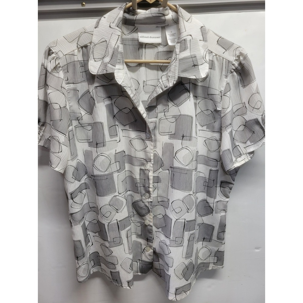 Alfred Dunner Womens Grey White Geometric Abstract Button Up Blouse Size 14